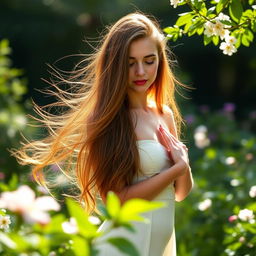 A beautiful woman with long, flowing chestnut hair, standing in a serene outdoor setting, surrounded by lush greenery and blooming flowers