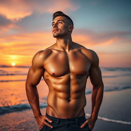 A confident and muscular man standing on a beach during sunset, showcasing a well-defined physique with six pack abs