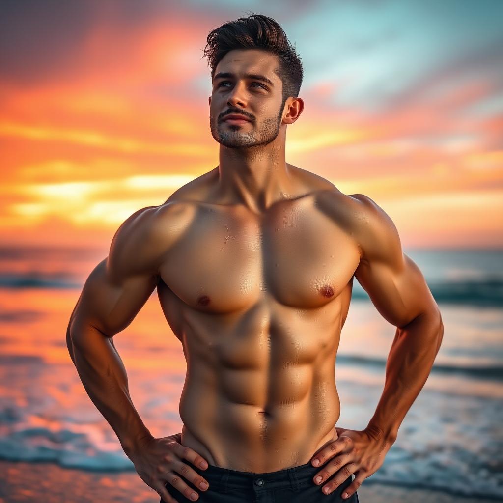 A confident and muscular man standing on a beach during sunset, showcasing a well-defined physique with six pack abs