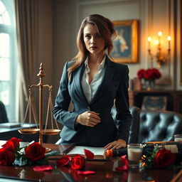 A visually striking composition that embodies the duality of law and desire, featuring a powerful female figure dressed in a tailored, authoritative suit, exuding confidence and control, juxtaposed against a backdrop of alluring, soft lighting that evokes a sense of passion and allure