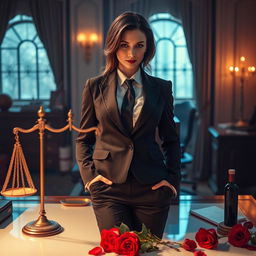 A visually striking composition that embodies the duality of law and desire, featuring a powerful female figure dressed in a tailored, authoritative suit, exuding confidence and control, juxtaposed against a backdrop of alluring, soft lighting that evokes a sense of passion and allure