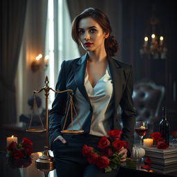 A visually striking composition that embodies the duality of law and desire, featuring a powerful female figure dressed in a tailored, authoritative suit, exuding confidence and control, juxtaposed against a backdrop of alluring, soft lighting that evokes a sense of passion and allure