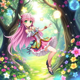 A beautiful anime girl with long, flowing pink hair and bright green eyes, dressed in a colorful fantasy outfit featuring a layered skirt, a fitted bodice, and intricate accessories