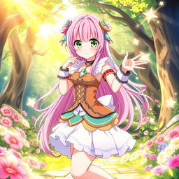 A beautiful anime girl with long, flowing pink hair and bright green eyes, dressed in a colorful fantasy outfit featuring a layered skirt, a fitted bodice, and intricate accessories
