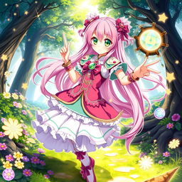 A beautiful anime girl with long, flowing pink hair and bright green eyes, dressed in a colorful fantasy outfit featuring a layered skirt, a fitted bodice, and intricate accessories