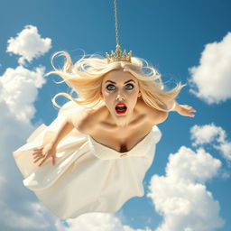 A sexy blonde queen with a little crown, striking blue eyes, and bold red lips, falling from the sky