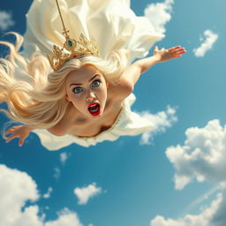 A sexy blonde queen with a little crown, striking blue eyes, and bold red lips, falling from the sky
