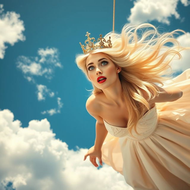 A sexy blonde queen with a little crown, striking blue eyes, and bold red lips, falling from the sky