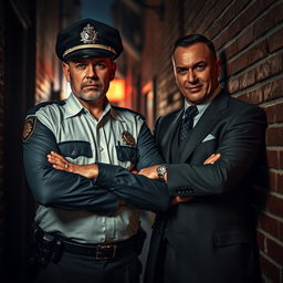 A dramatic confrontation between a police captain and a mafia boss in a dimly lit, gritty urban alley