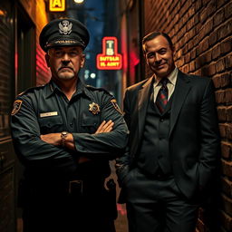 A dramatic confrontation between a police captain and a mafia boss in a dimly lit, gritty urban alley