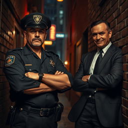 A dramatic confrontation between a police captain and a mafia boss in a dimly lit, gritty urban alley