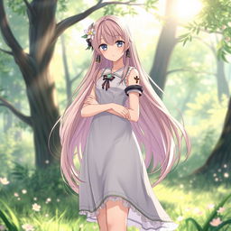 A beautiful anime girl standing confidently in a serene natural setting, with soft sunlight filtering through the trees