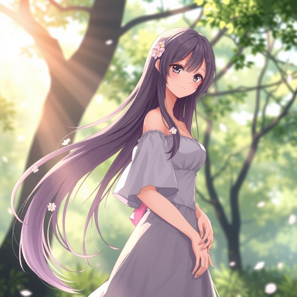 A beautiful anime girl standing confidently in a serene natural setting, with soft sunlight filtering through the trees