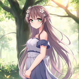A beautiful anime girl standing confidently in a serene natural setting, with soft sunlight filtering through the trees