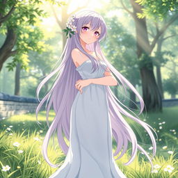 A beautiful anime girl standing confidently in a serene natural setting, with soft sunlight filtering through the trees