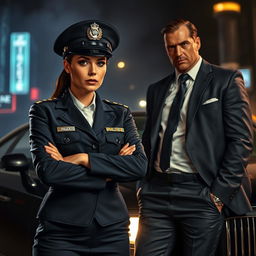 A fierce and strong police captain woman in a sharp, tailored uniform, commanding presence, standing confidently with her arms crossed, facing off against a suave and intimidating mafia boss in a well-fitted suit, leaning casually against a luxury car, smoky urban backdrop, tension between the two figures, dramatic lighting highlighting their expressions, city night scene with neon lights in the background