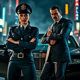 A fierce and strong police captain woman in a sharp, tailored uniform, commanding presence, standing confidently with her arms crossed, facing off against a suave and intimidating mafia boss in a well-fitted suit, leaning casually against a luxury car, smoky urban backdrop, tension between the two figures, dramatic lighting highlighting their expressions, city night scene with neon lights in the background