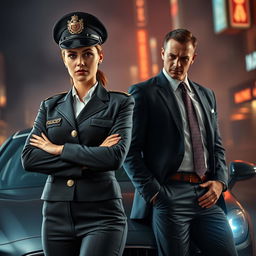 A fierce and strong police captain woman in a sharp, tailored uniform, commanding presence, standing confidently with her arms crossed, facing off against a suave and intimidating mafia boss in a well-fitted suit, leaning casually against a luxury car, smoky urban backdrop, tension between the two figures, dramatic lighting highlighting their expressions, city night scene with neon lights in the background