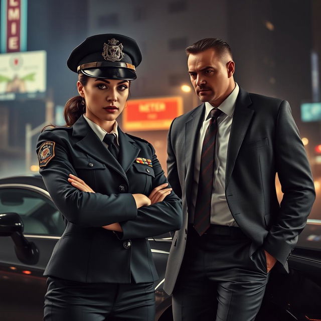 A fierce and strong police captain woman in a sharp, tailored uniform, commanding presence, standing confidently with her arms crossed, facing off against a suave and intimidating mafia boss in a well-fitted suit, leaning casually against a luxury car, smoky urban backdrop, tension between the two figures, dramatic lighting highlighting their expressions, city night scene with neon lights in the background