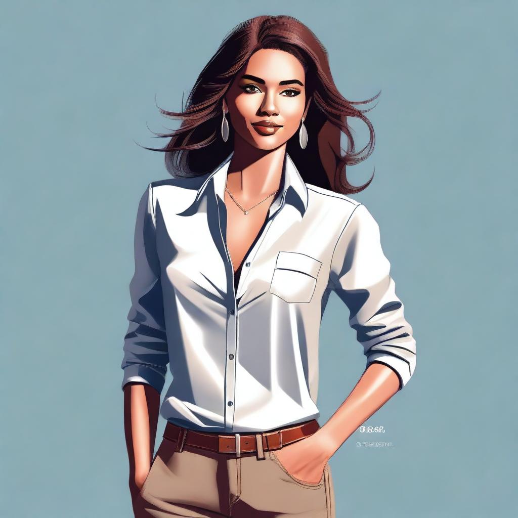 A digital art of a confident woman, dressed in a tasteful and stylish outfit