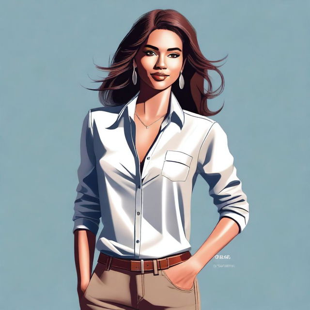 A digital art of a confident woman, dressed in a tasteful and stylish outfit