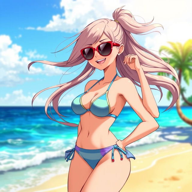 A vibrant, colorful illustration of a female anime character wearing a stylish bikini, standing on a sunny beach