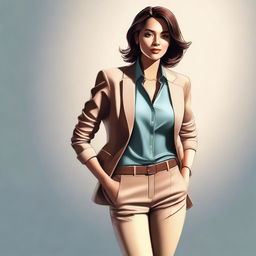 A digital art of a confident woman, dressed in a tasteful and stylish outfit