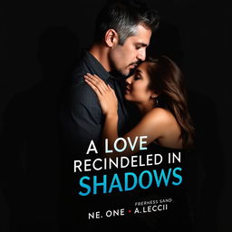 A romantic book cover design featuring a couple passionately kissing, set against a backdrop of shadowy silhouettes