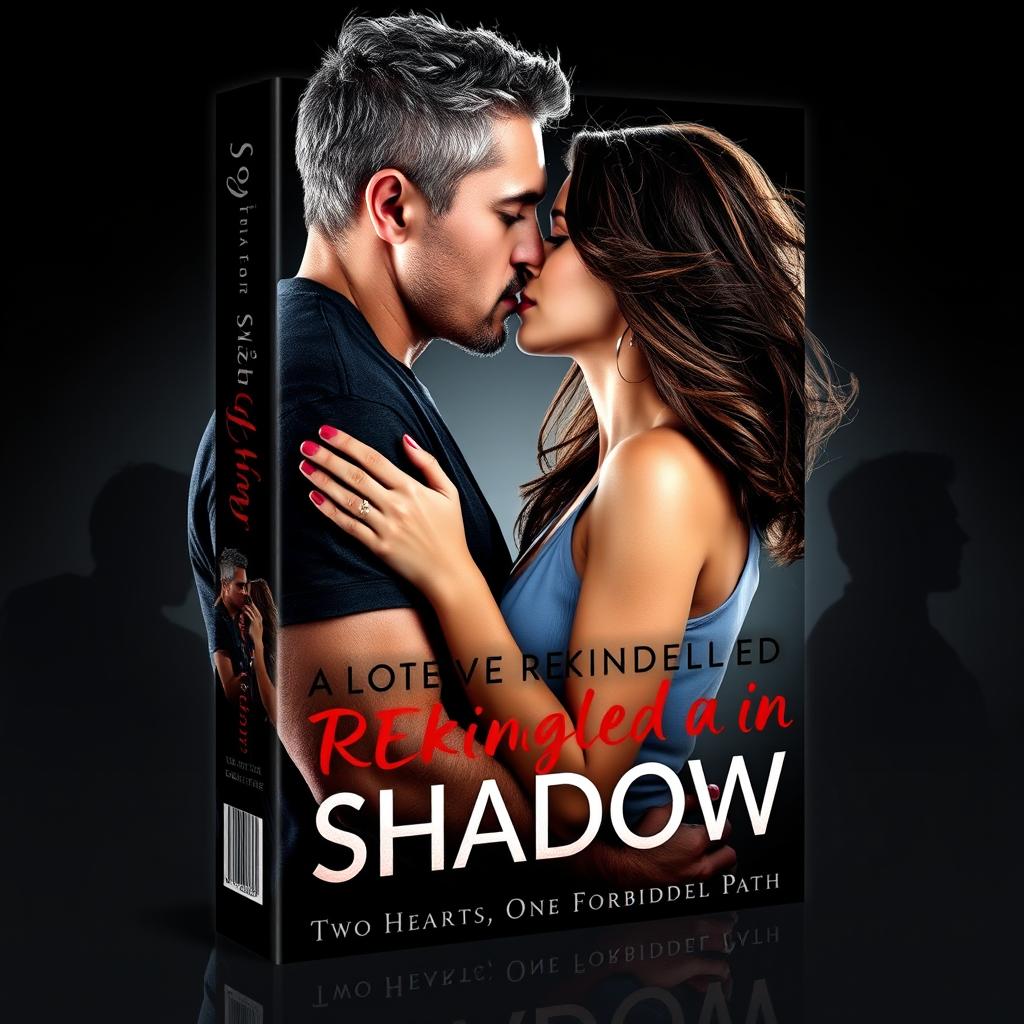 A romantic book cover design featuring a couple passionately kissing, set against a backdrop of shadowy silhouettes