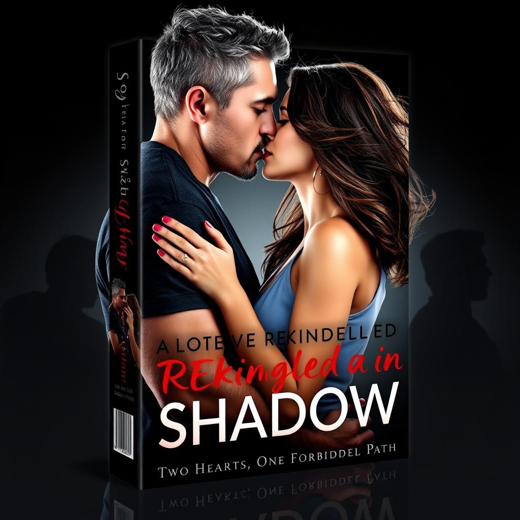 A romantic book cover design featuring a couple passionately kissing, set against a backdrop of shadowy silhouettes