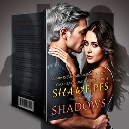 A romantic book cover design featuring a couple passionately kissing, set against a backdrop of shadowy silhouettes