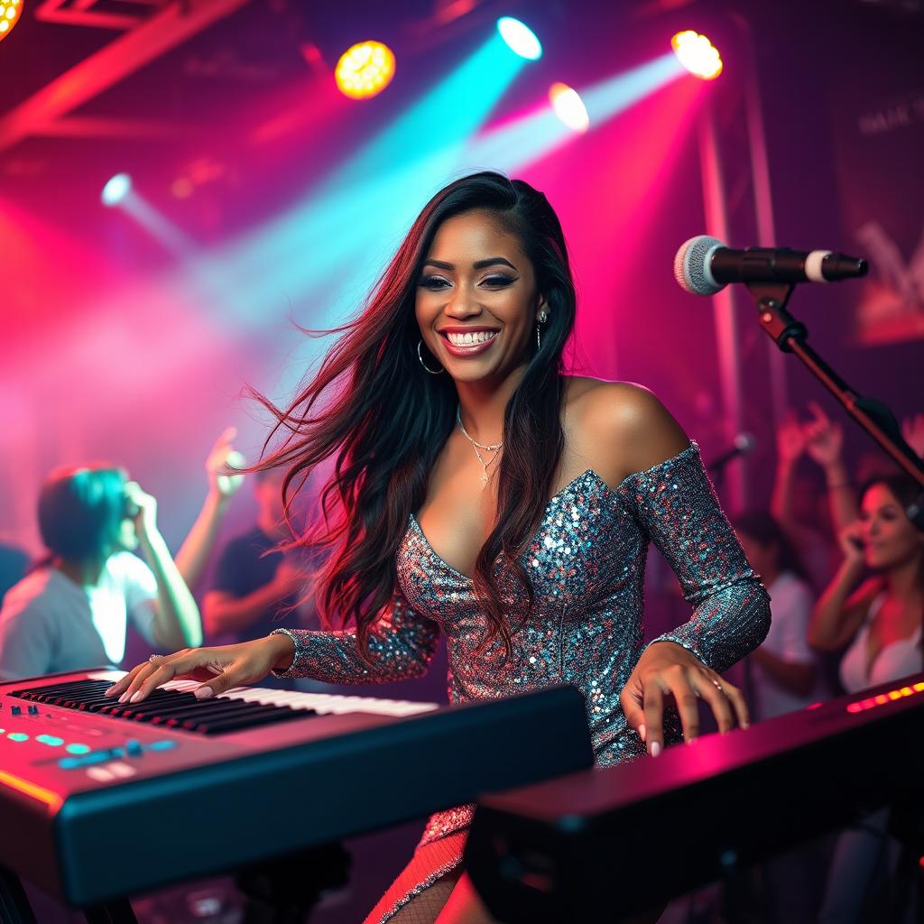 A lively scene featuring Dayna Wynter, a 39-year-old attractive white woman, playing keyboards on a nightclub stage