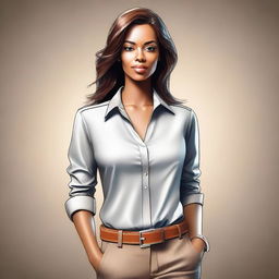 A digital art of a confident woman, dressed in a tasteful and stylish outfit