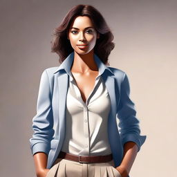 A digital art of a confident woman, dressed in a tasteful and stylish outfit