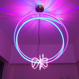 A stunning curved neon chandelier made of flexible neon tubing, elegantly illuminating the room with vibrant colors