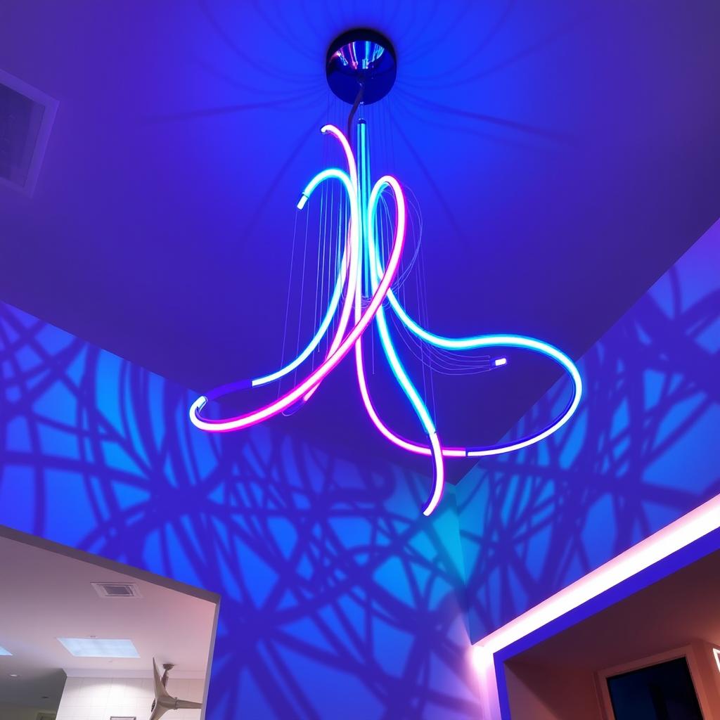 A stunning curved neon chandelier made of flexible neon tubing, elegantly illuminating the room with vibrant colors