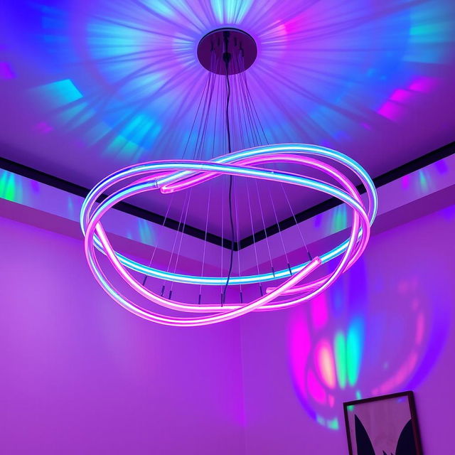 A stunning curved neon chandelier made of flexible neon tubing, elegantly illuminating the room with vibrant colors