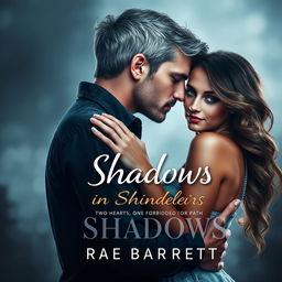 An evocative romance book cover for 'A Love Rekindled in Shadows: Two Hearts, One Forbidden Path' by Rae Barrett