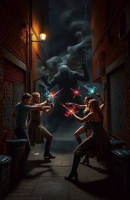 Four men and three women engaged in an epic battle against a dark, shadowy figure