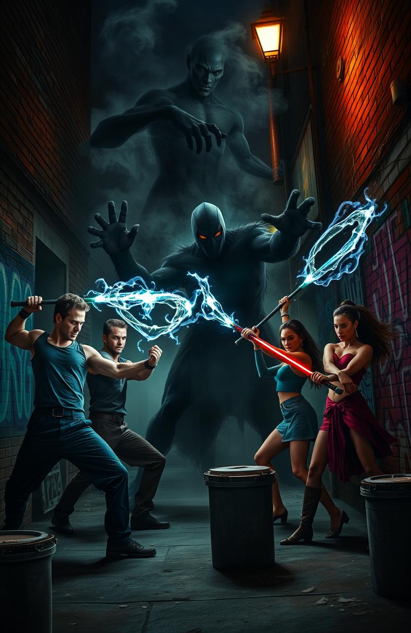 Four men and three women engaged in an epic battle against a dark, shadowy figure