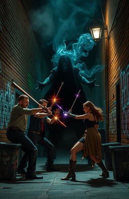 Four men and three women engaged in an epic battle against a dark, shadowy figure