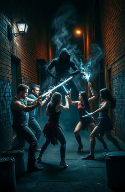 Four men and three women engaged in an epic battle against a dark, shadowy figure