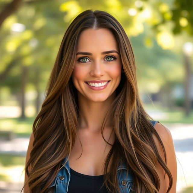 A portrait of an attractive 39-year-old white woman named Dayna Wynter, featuring her with long flowing brown hair and a charismatic smile