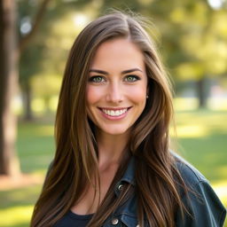 A portrait of an attractive 39-year-old white woman named Dayna Wynter, featuring her with long flowing brown hair and a charismatic smile