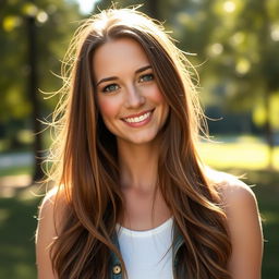 A portrait of an attractive 39-year-old white woman named Dayna Wynter, featuring her with long flowing brown hair and a charismatic smile