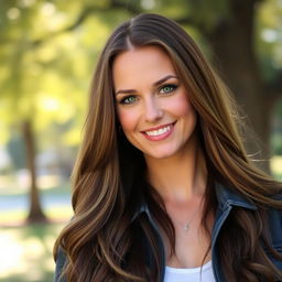 A portrait of an attractive 39-year-old white woman named Dayna Wynter, featuring her with long flowing brown hair and a charismatic smile