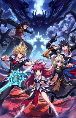 A dynamic anime scene featuring four male characters and three female characters engaged in an epic battle against dark shadowy figures