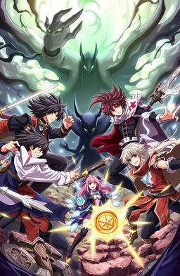 A dynamic anime scene featuring four male characters and three female characters engaged in an epic battle against dark shadowy figures