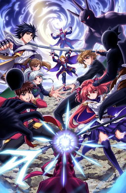 A dynamic anime scene featuring four male characters and three female characters engaged in an epic battle against dark shadowy figures