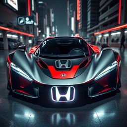 A sleek and futuristic hypercar prominently featuring a shiny Honda logo on the front hood
